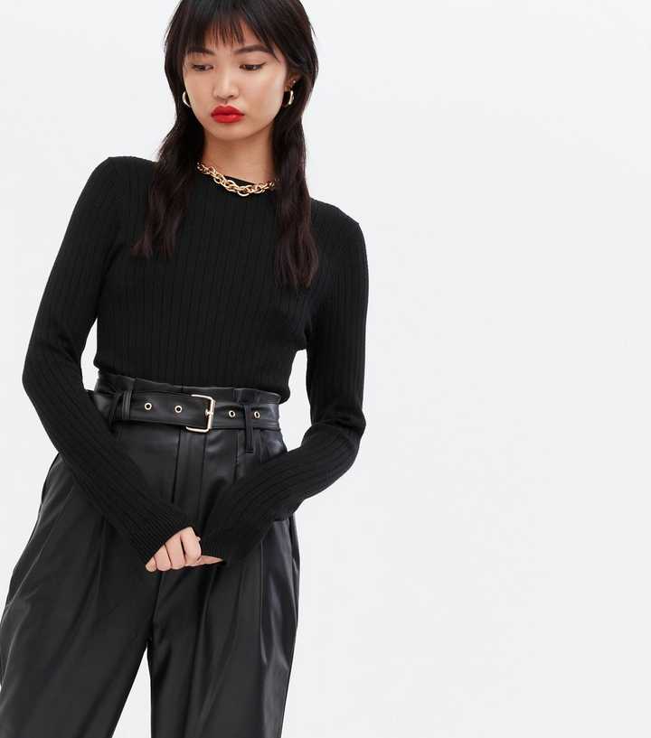 Black Leather-Look Belted Tapered Trousers