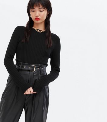 Black Leather-Look Belted Tapered 
