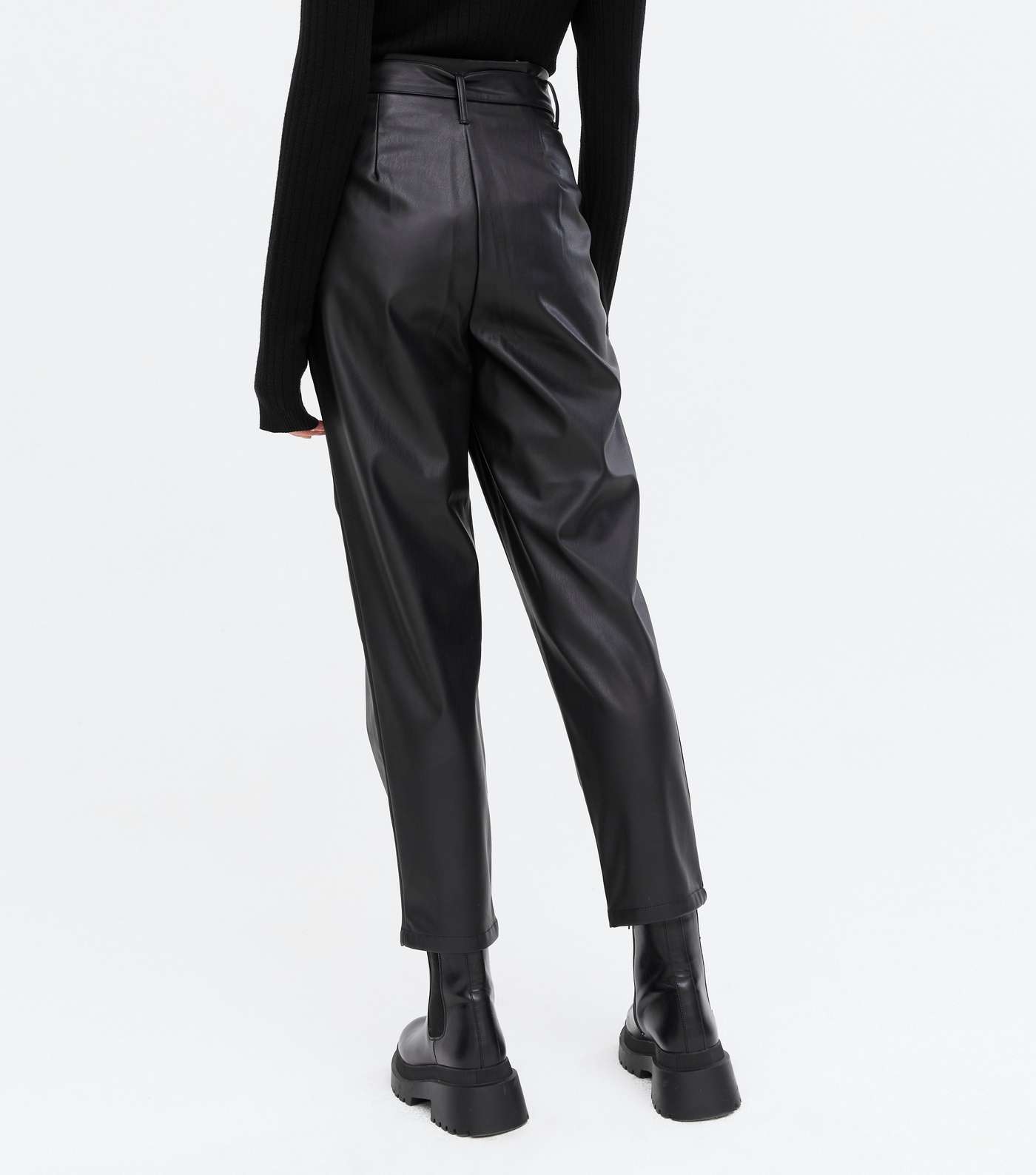 Black Leather-Look Belted Tapered Trousers Image 4