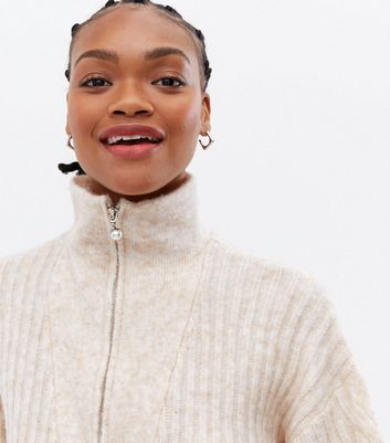 Cable Knit Zip High Neck Jumper 