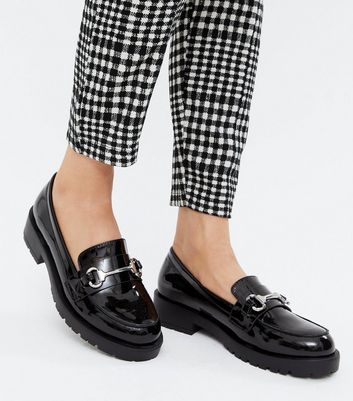 Black Patent Chain Trim Chunky Loafers 