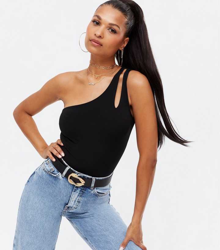 Black Cut Out One Shoulder Bodysuit