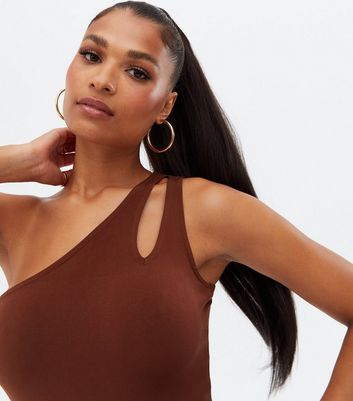 brown one shoulder bodysuit