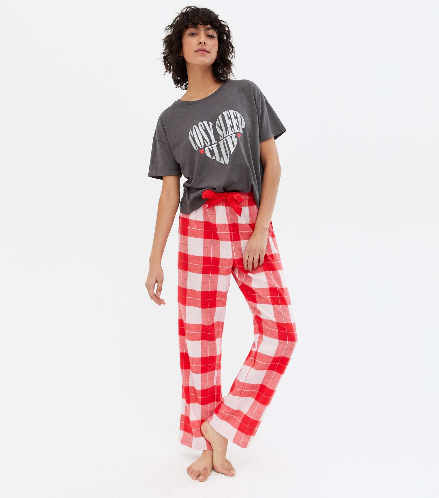 Red Check Glitter Heart Logo Trouser Pyjama Set Image 3