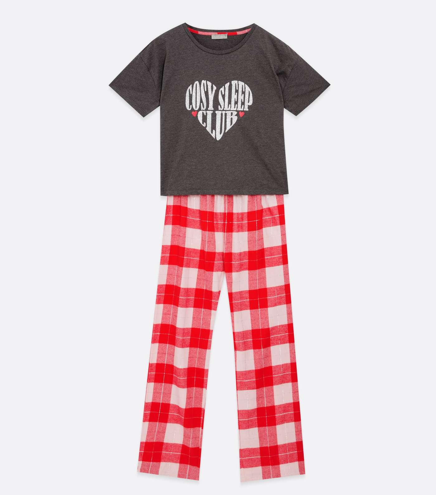 Red Check Glitter Heart Logo Trouser Pyjama Set Image 5
