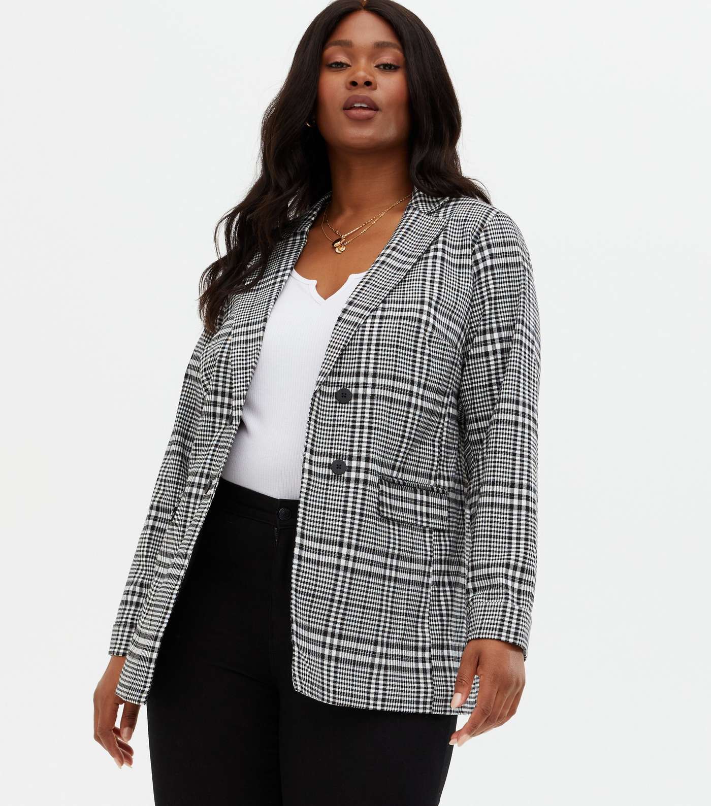 Curves Black Check Double Breasted Blazer Image 2