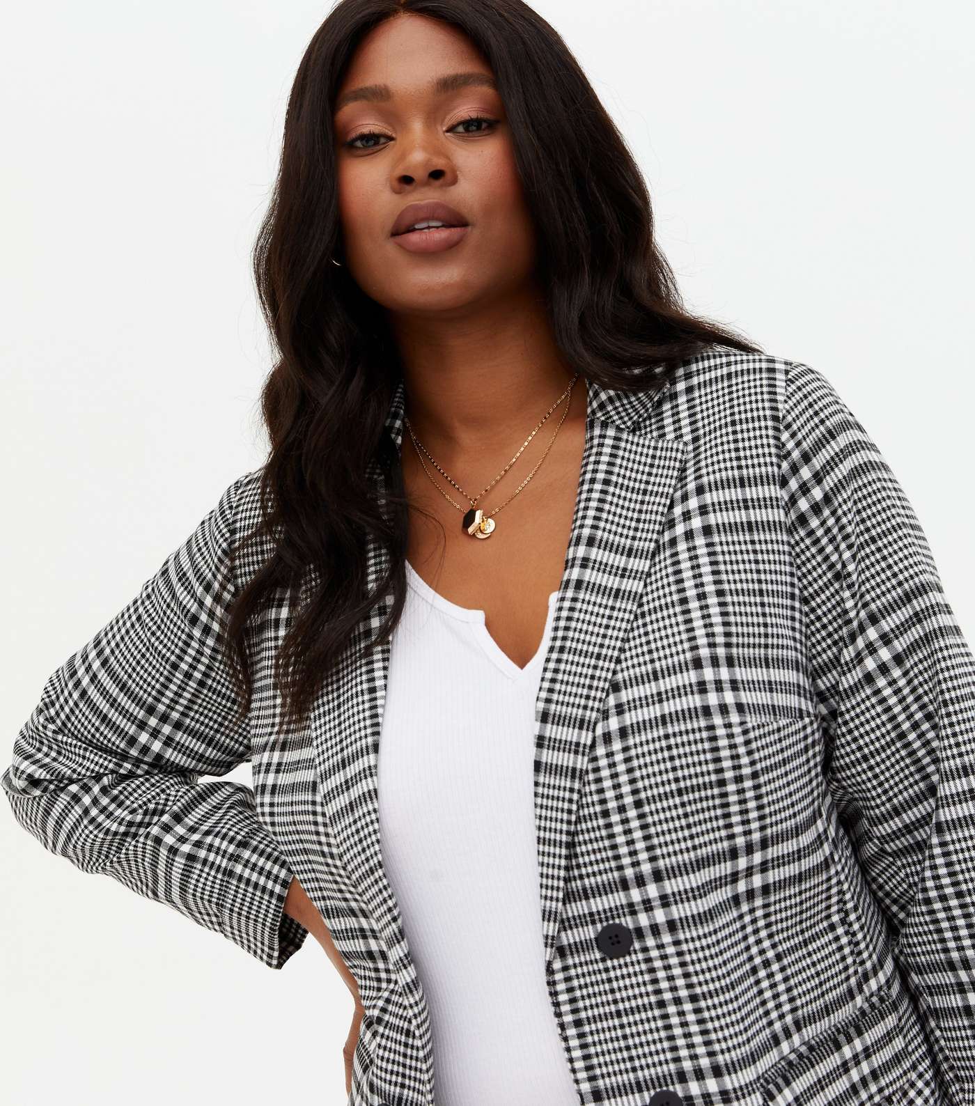 Curves Black Check Double Breasted Blazer Image 4