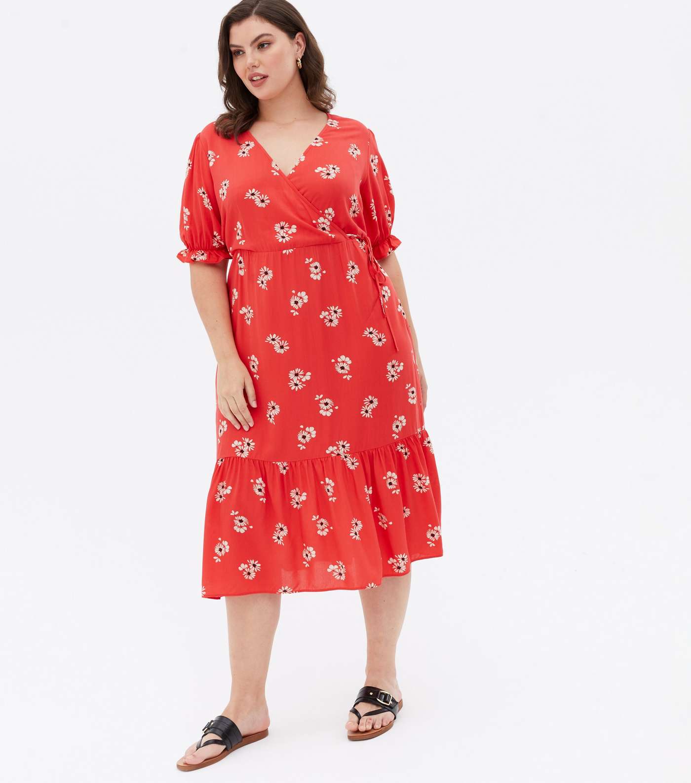 Curves Red Floral Tiered Midi Wrap Dress Image 2