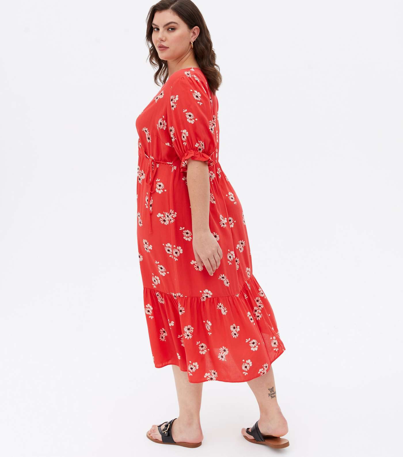 Curves Red Floral Tiered Midi Wrap Dress Image 4