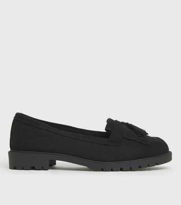 Wide Fit Black Suedette Chunky Tassel Loafers