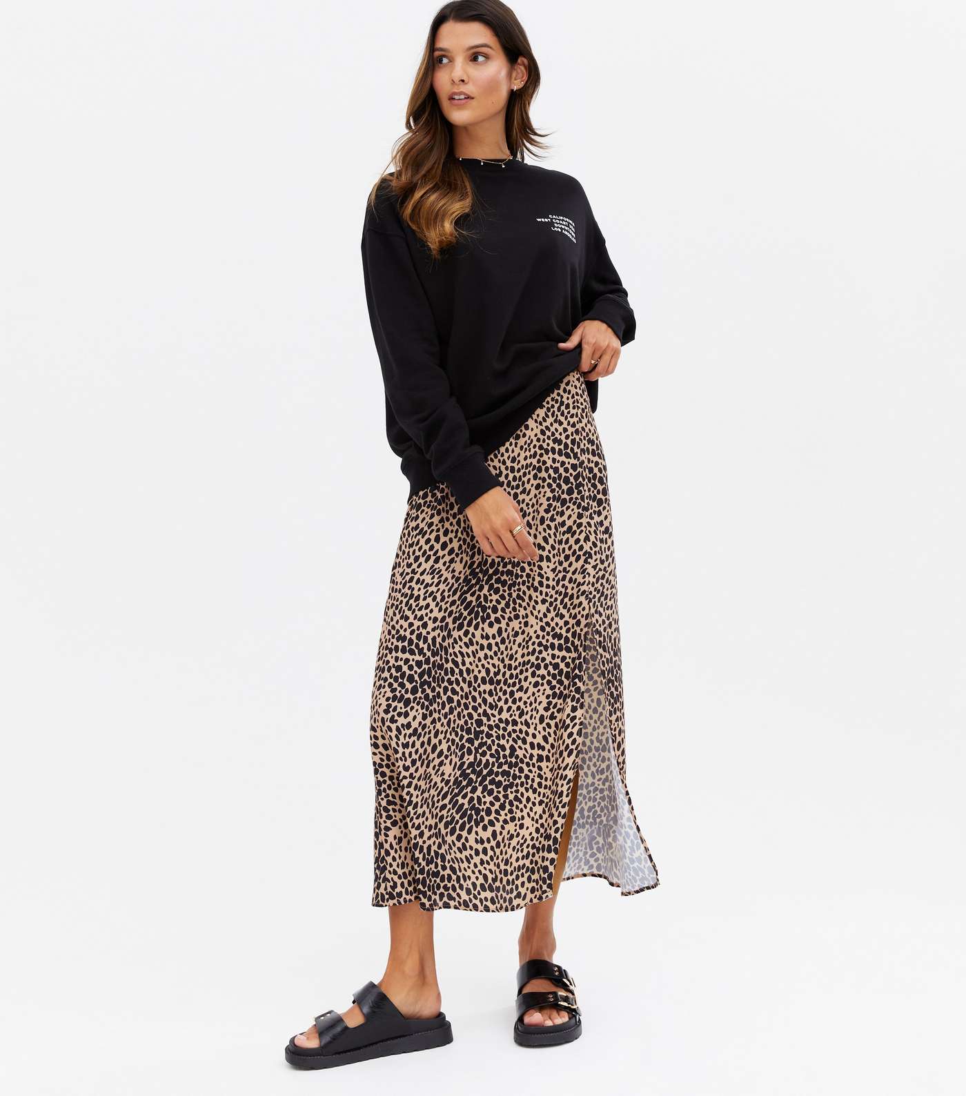 Brown Leopard Print High Waist Midi Skirt