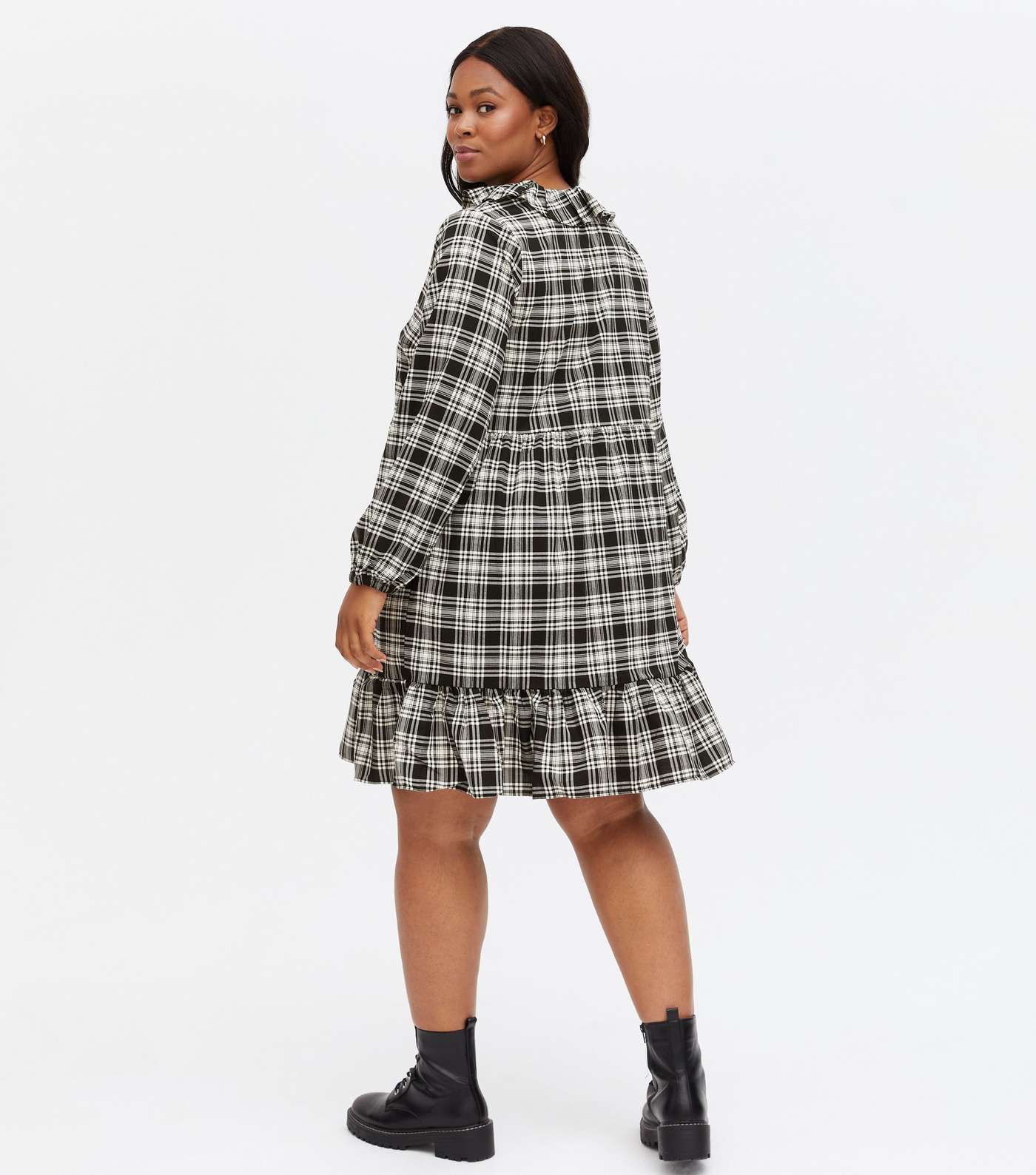 Curves Black Check Frill Tie Collar Tiered Mini Smock Dress Image 4