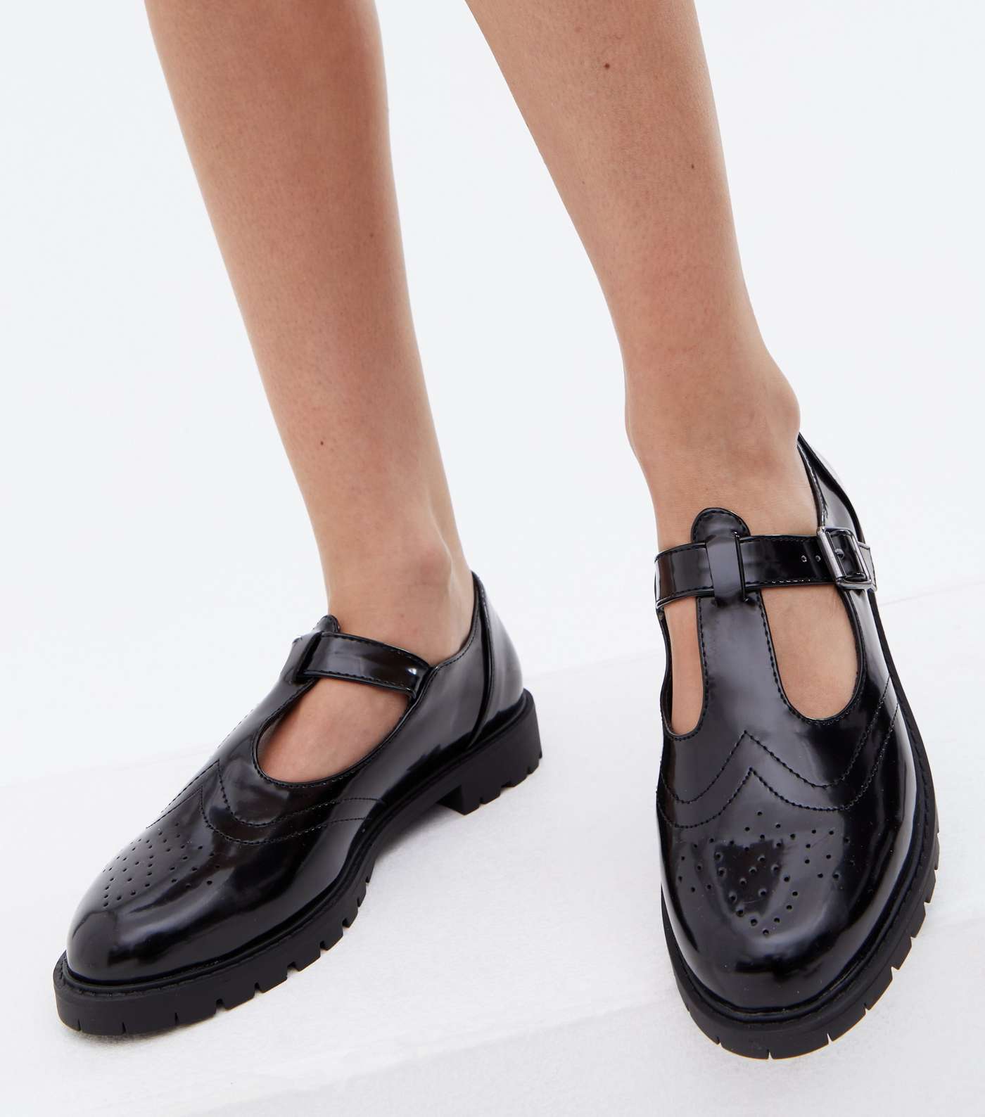 Wide Fit Black Patent Perforated Mary Jane Shoes Image 2
