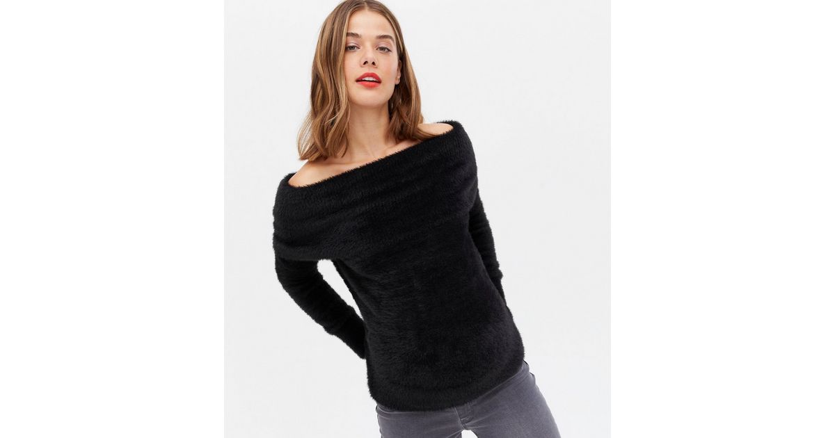 Maternity Black Fluffy Bardot Jumper New Look