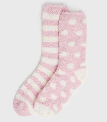 2 Pack Pale Pink Spot and Stripe Fluffy Socks