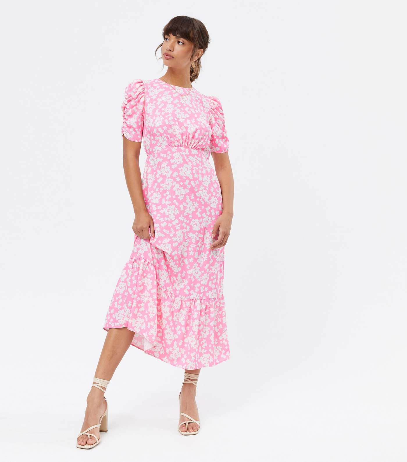 Pink Floral Tie Back Ruched Midi Dress