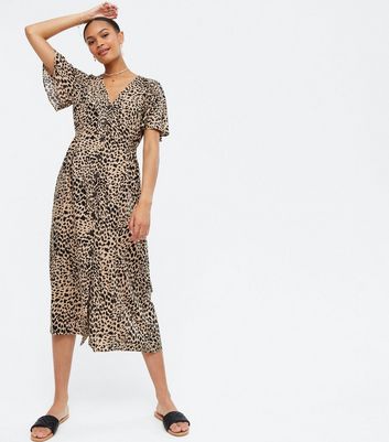 Brown Leopard Print Midi Shirt Dress 