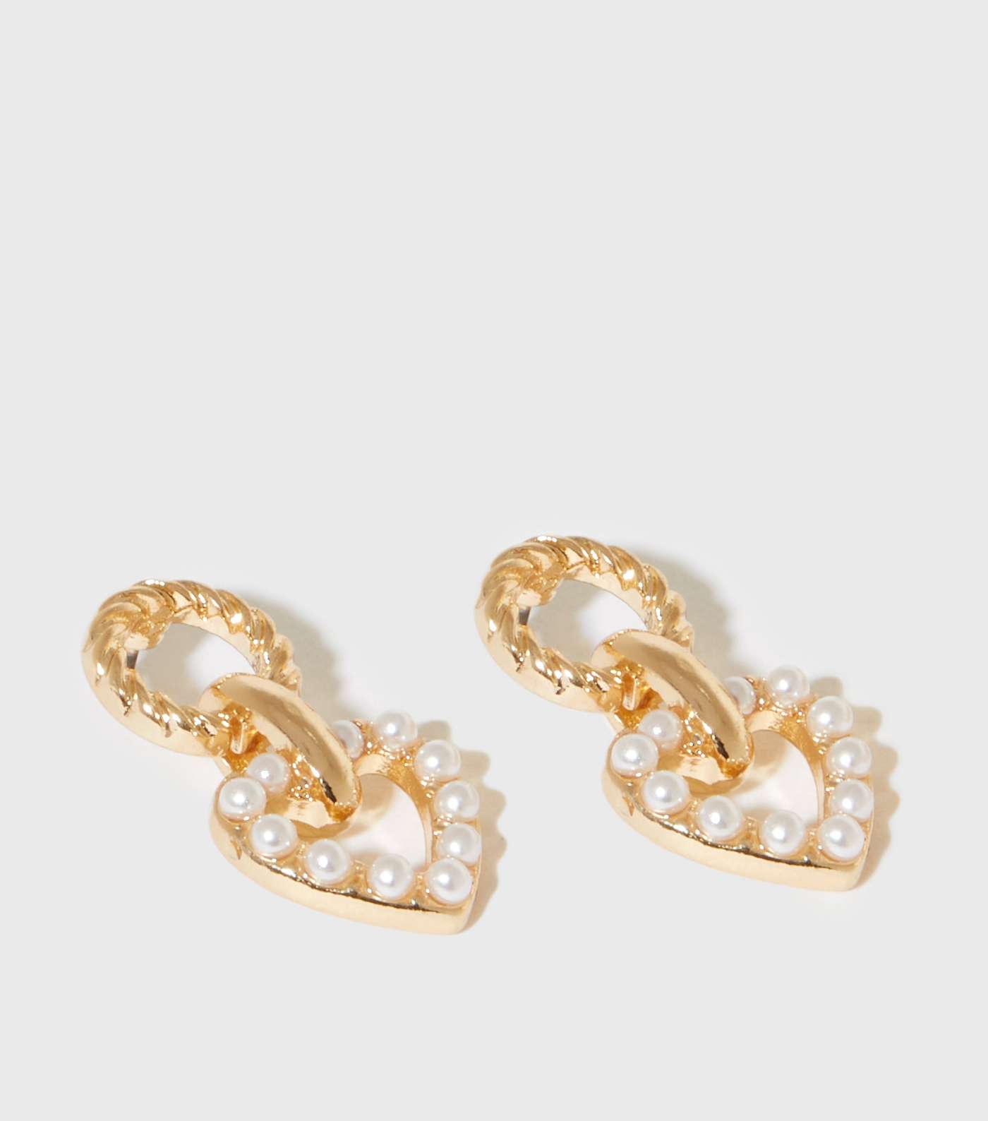 Gold Faux Pearl Heart Drop Stud Earrings