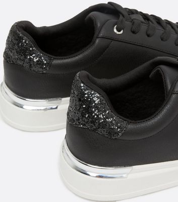 Girls Black Glitter Heel Chunky Lace Up Trainers