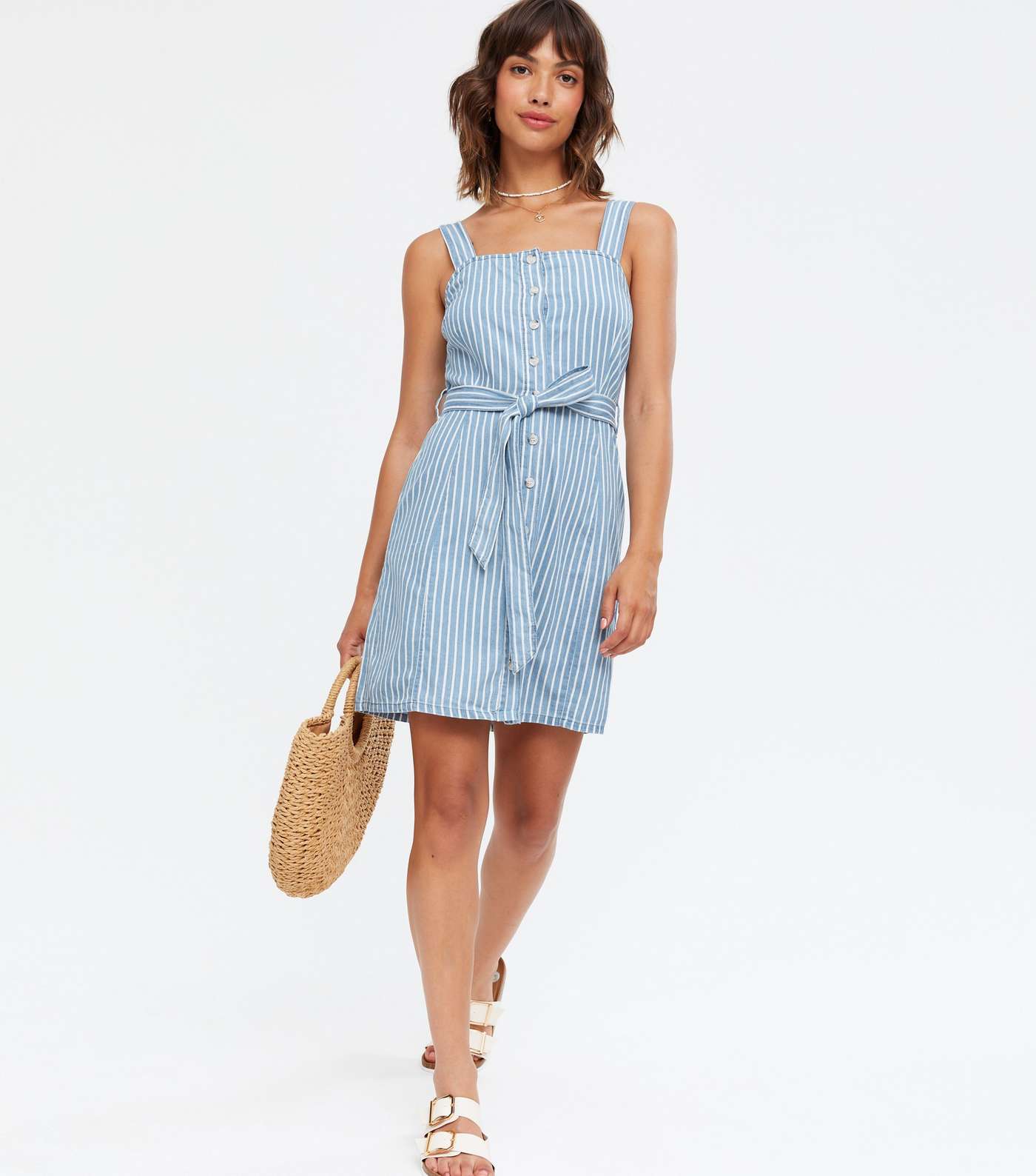 Urban Bliss Blue Stripe Chambray Belted Pinafore Dress