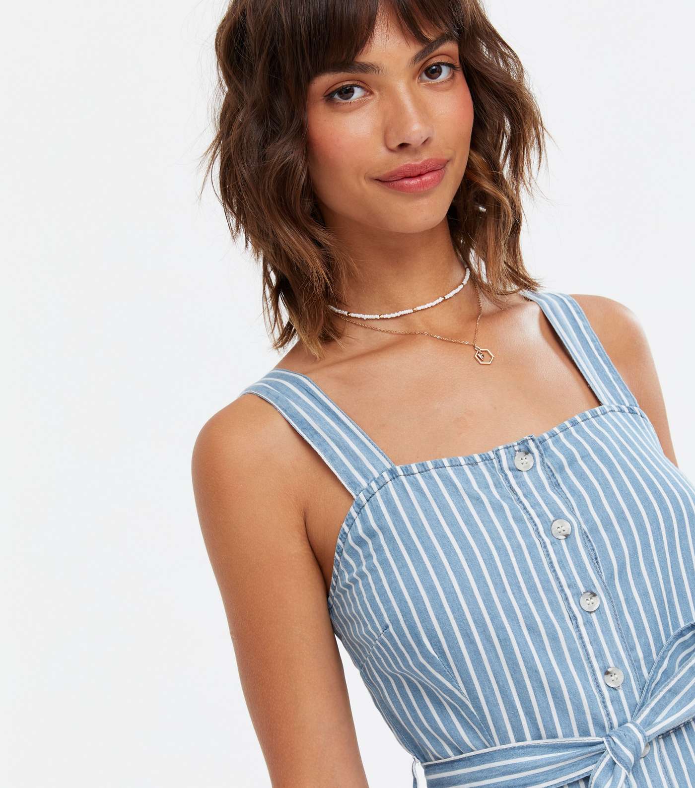 Urban Bliss Blue Stripe Chambray Belted Pinafore Dress Image 3