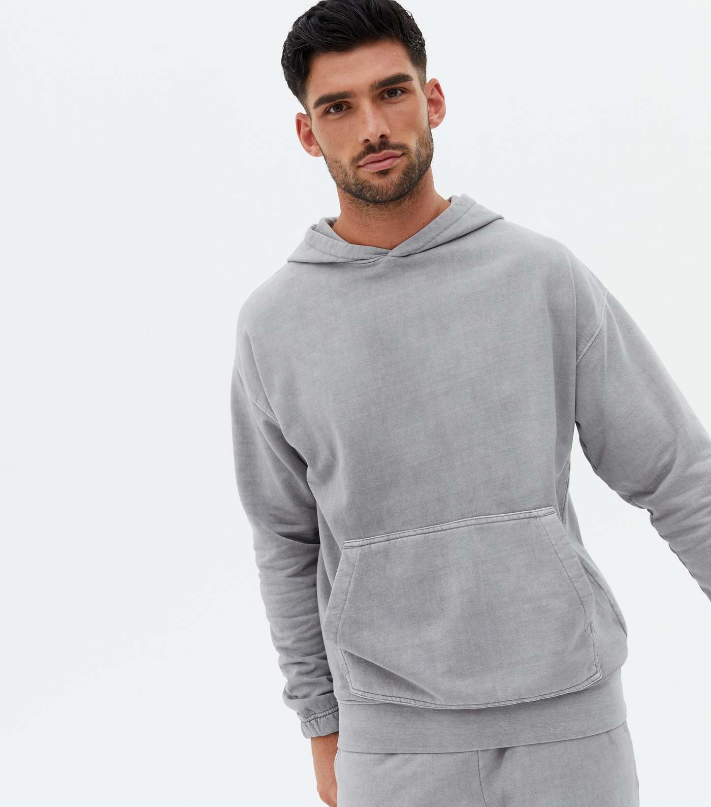 Pale Grey Washed Jersey Pocket Front Hoodie