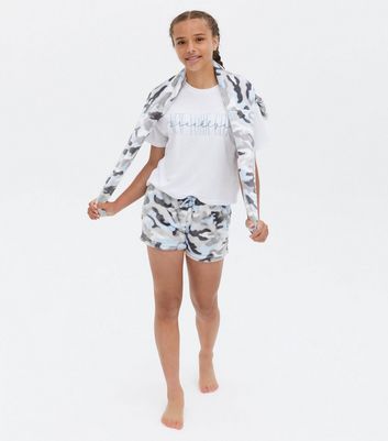 Girls White Camo Fluffy Short Pyjama 