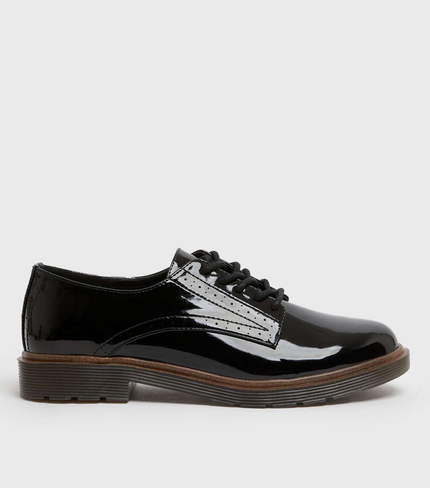 Girls Black Patent Lace Up Chunky Brogues