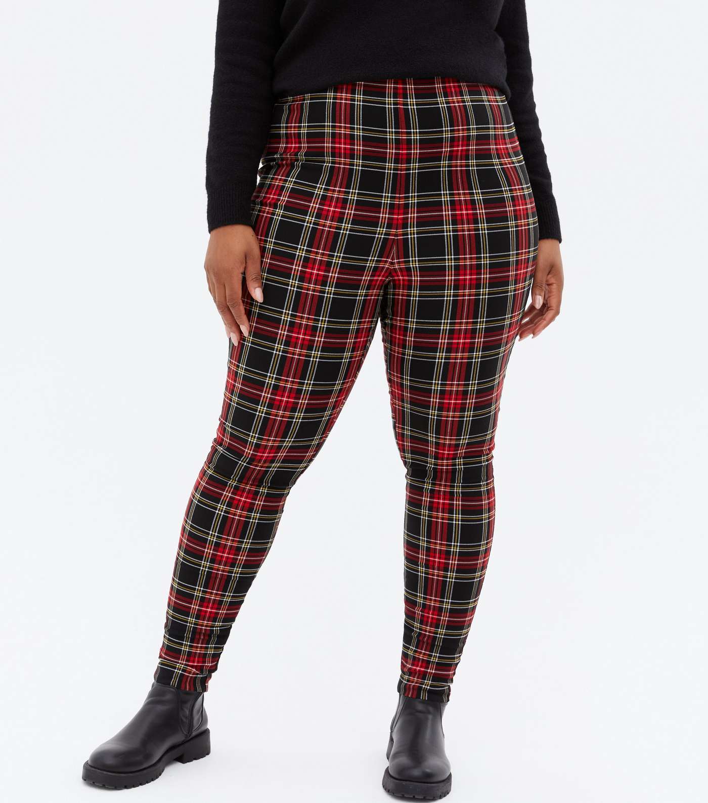 Curves Red Tartan Slim Stretch Trousers Image 2