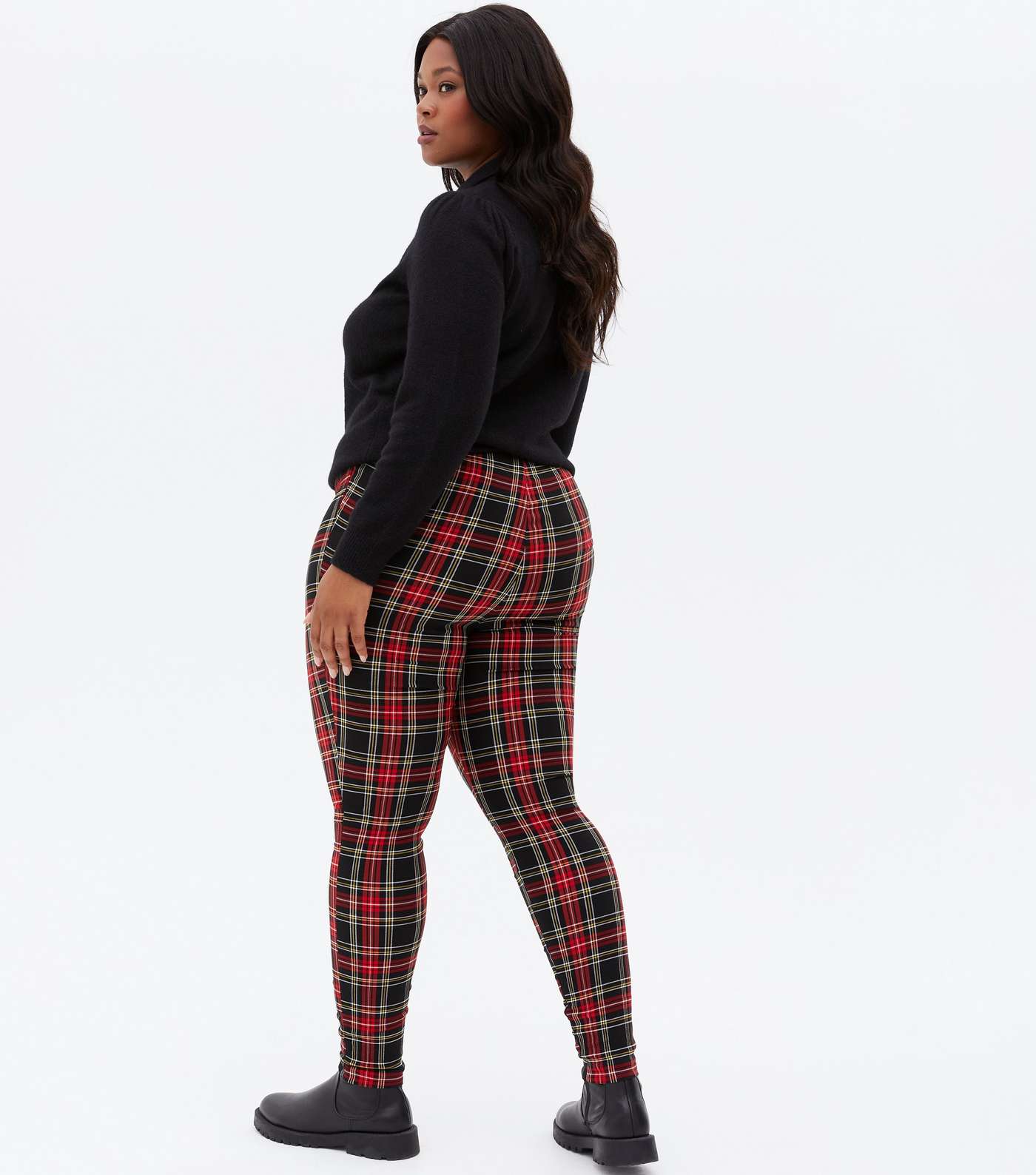 Curves Red Tartan Slim Stretch Trousers Image 4