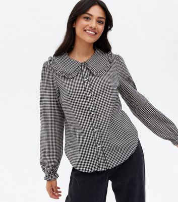 Black Gingham Frill Collar Blouse | New Look