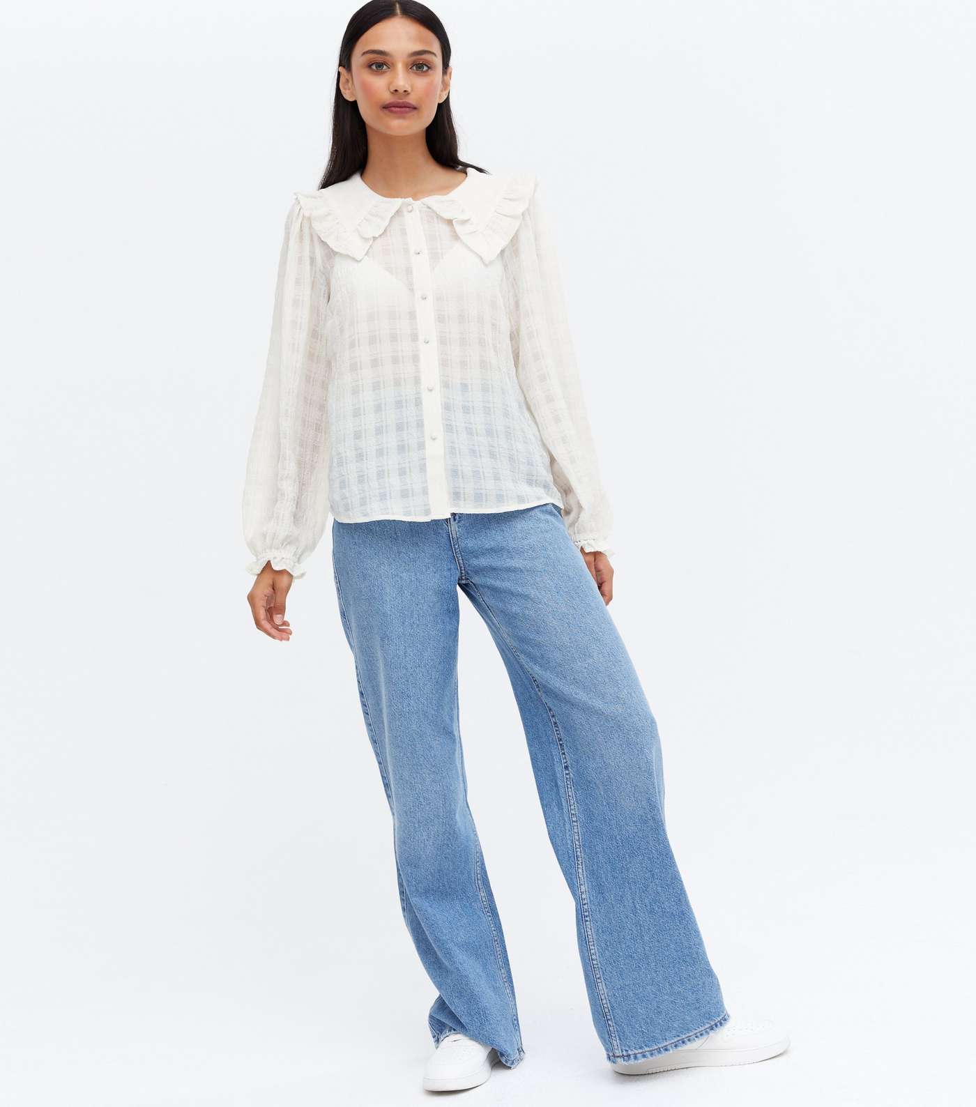 Off White Textured Frill Collar Puff Sleeve Shirt Image 2