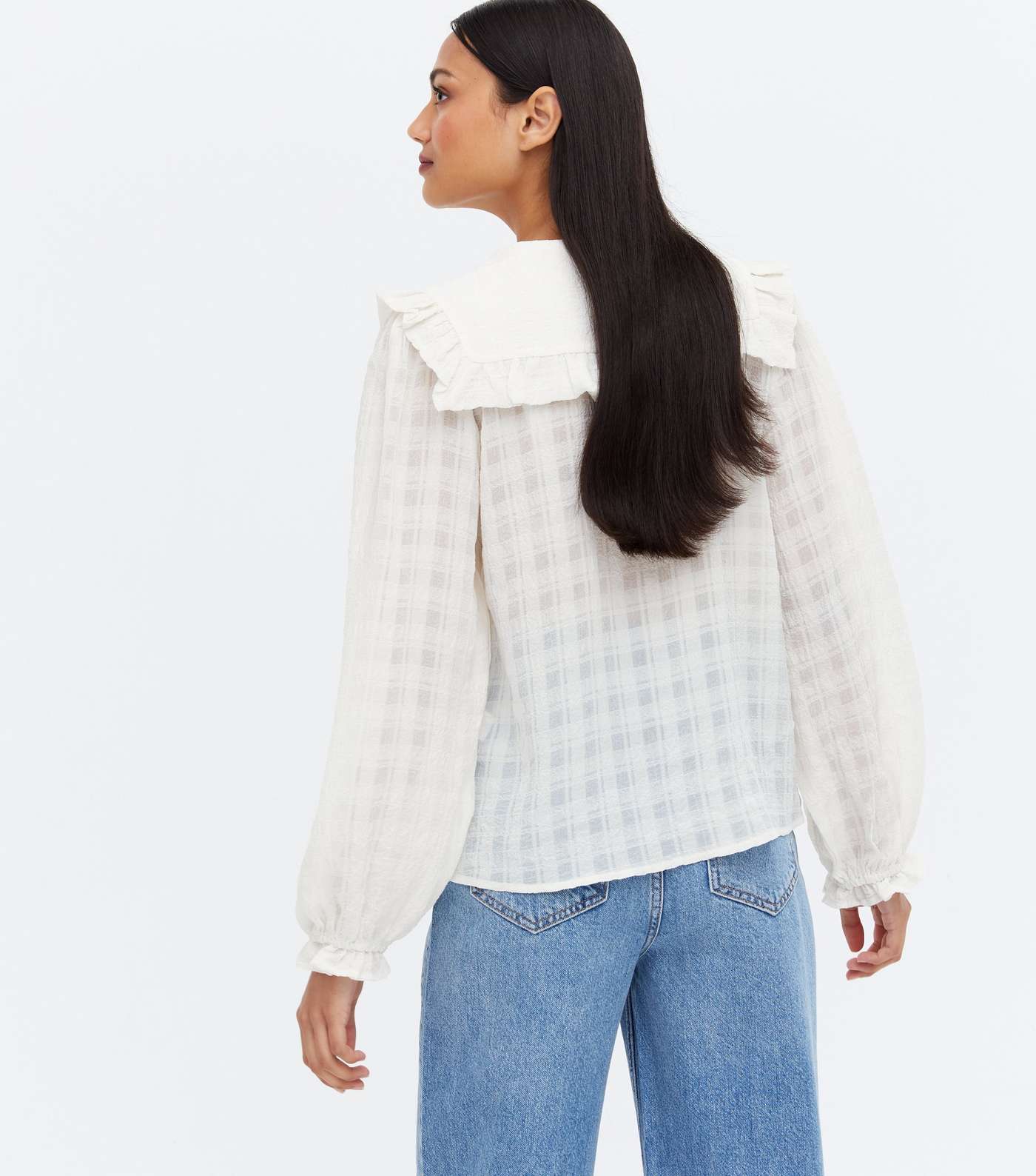 Off White Textured Frill Collar Puff Sleeve Shirt Image 4