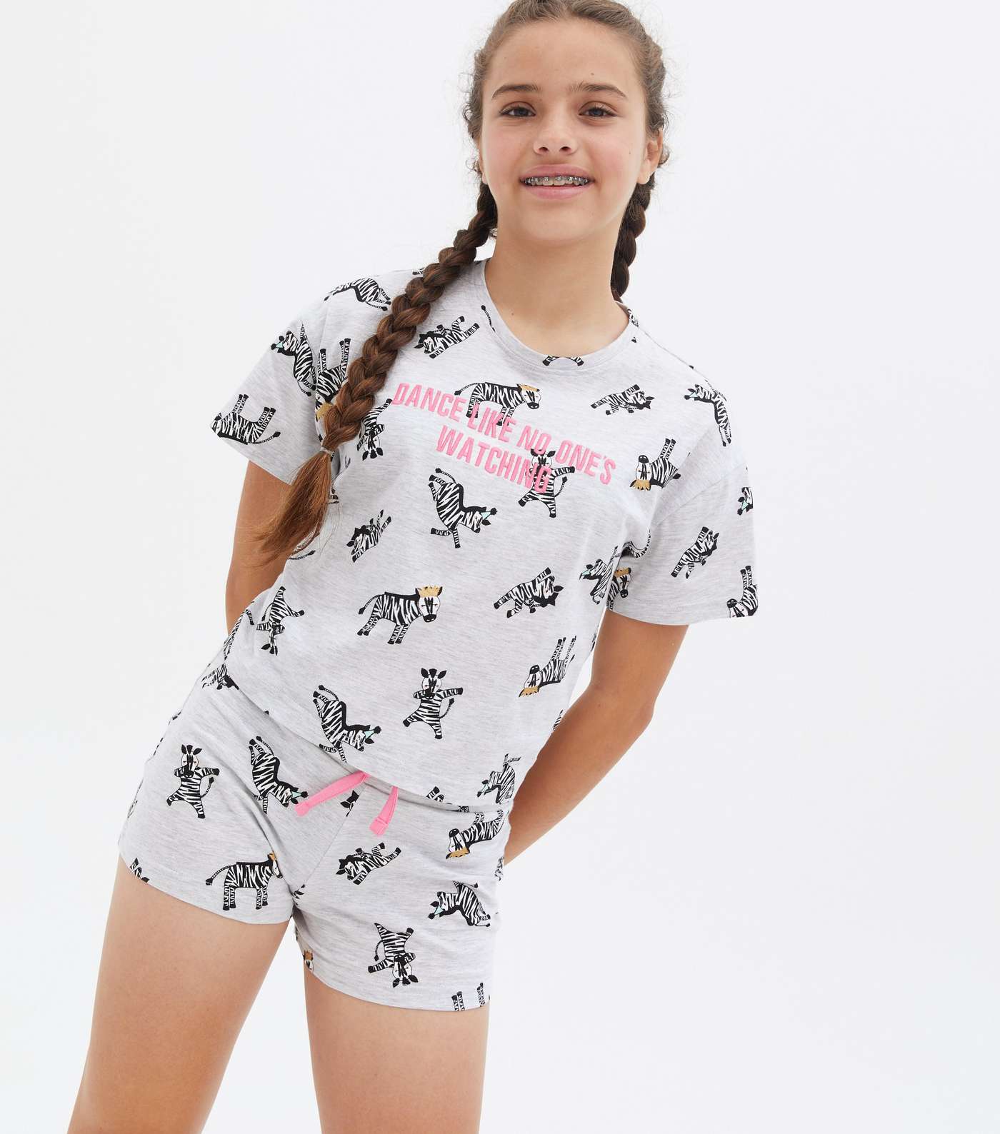 Girls Light Grey Short Pyjama Set with Zebra Print Image 2