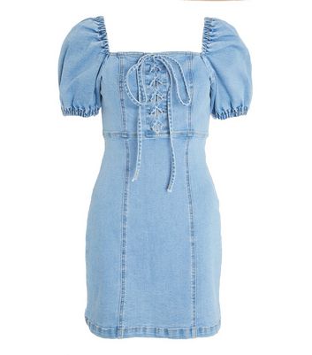 QUIZ Pale Blue Denim Square Tie Neck Mini Dress New Look