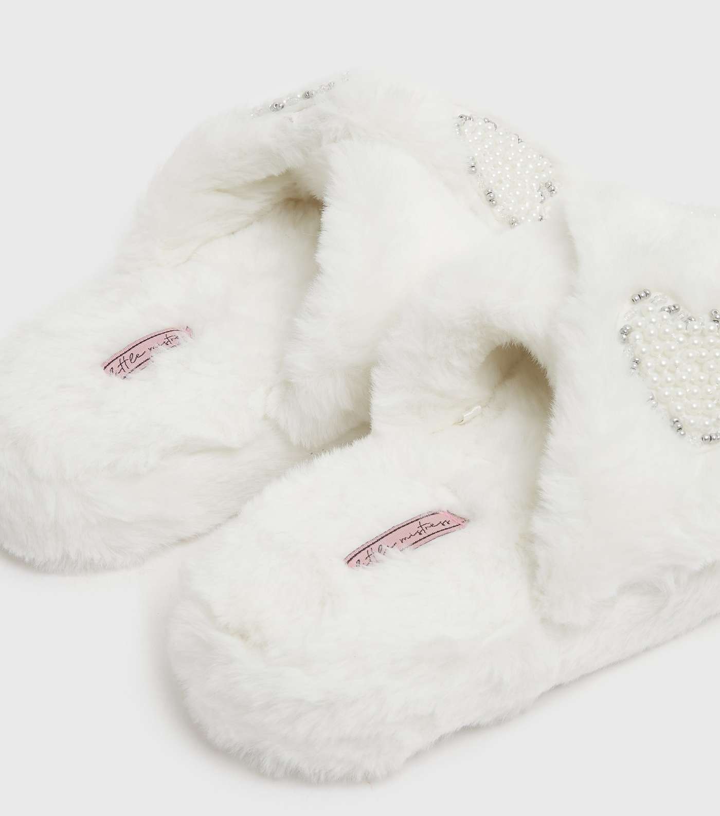 Little Mistress White Faux Fur Beaded Slippers Image 4
