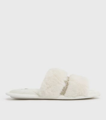 Little Mistress Off White Faux Fur Glitter Slider Slippers | New Look