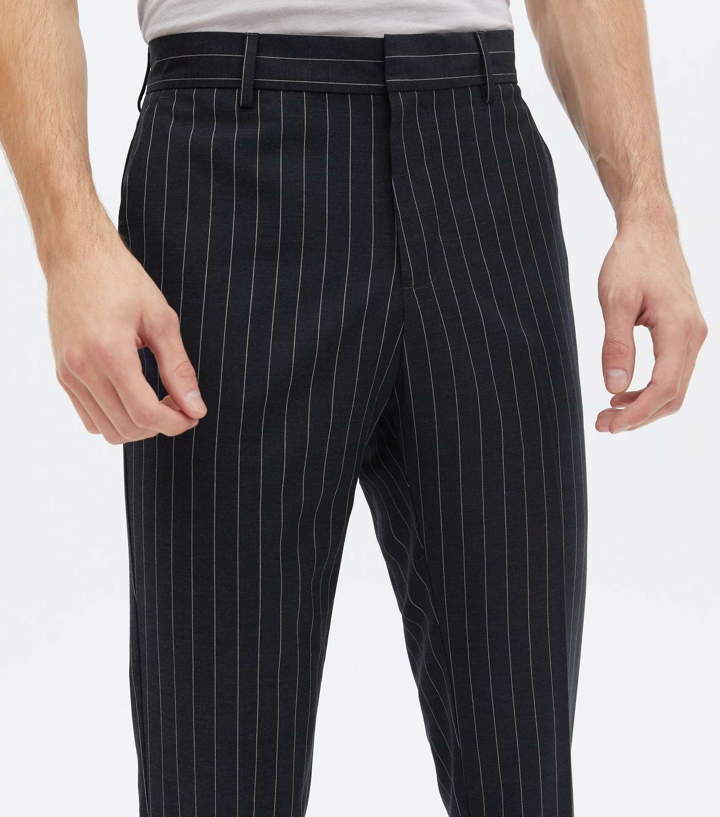 Navy Pinstripe Tapered Trousers Image 3