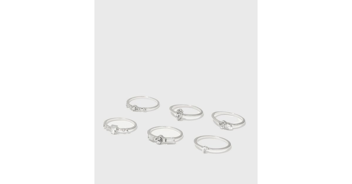 6 Pack Silver Gem Charm Stacking Rings | New Look