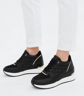 Black Quilted Metal Trim Wedge Trainers | New Look