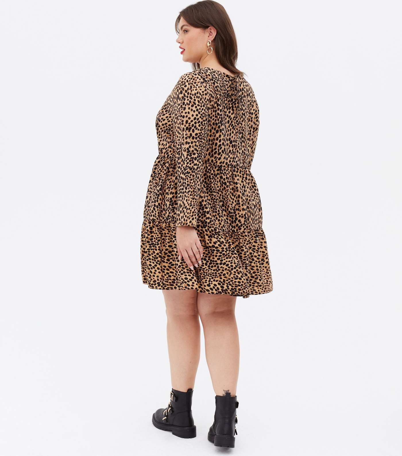 Curves Brown Leopard Print Mini Oversized Smock Dress Image 4