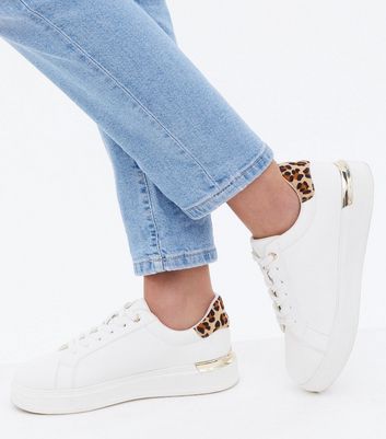 shop for White Leopard Print Panel Chunky Trainers New Look Vegan at Shopo