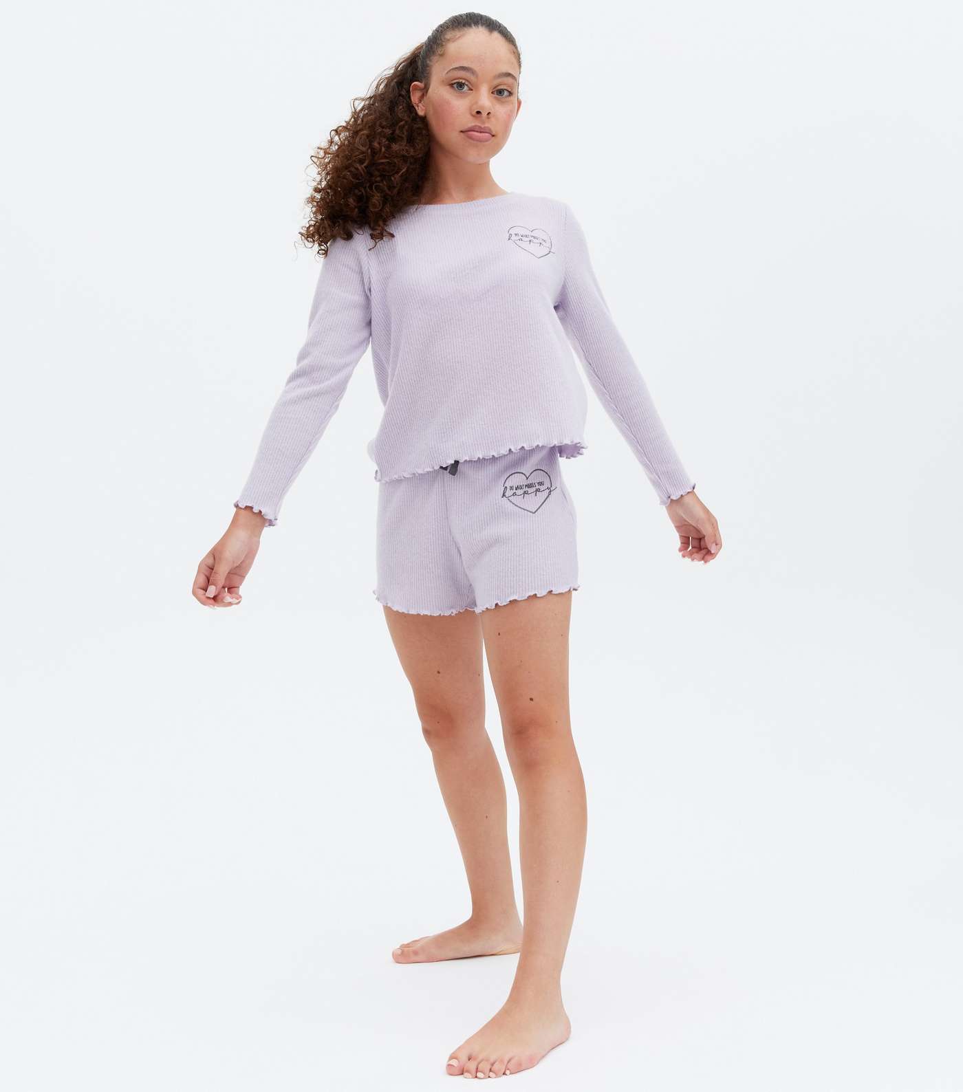 Girls Lilac Ribbed Heart Embroidered Short Pyjama Set Image 2