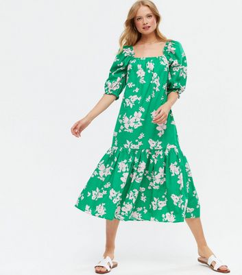 Click to view product details and reviews for Green Floral Square Neck Puff Sleeve Tiered Midi Dress New Look.