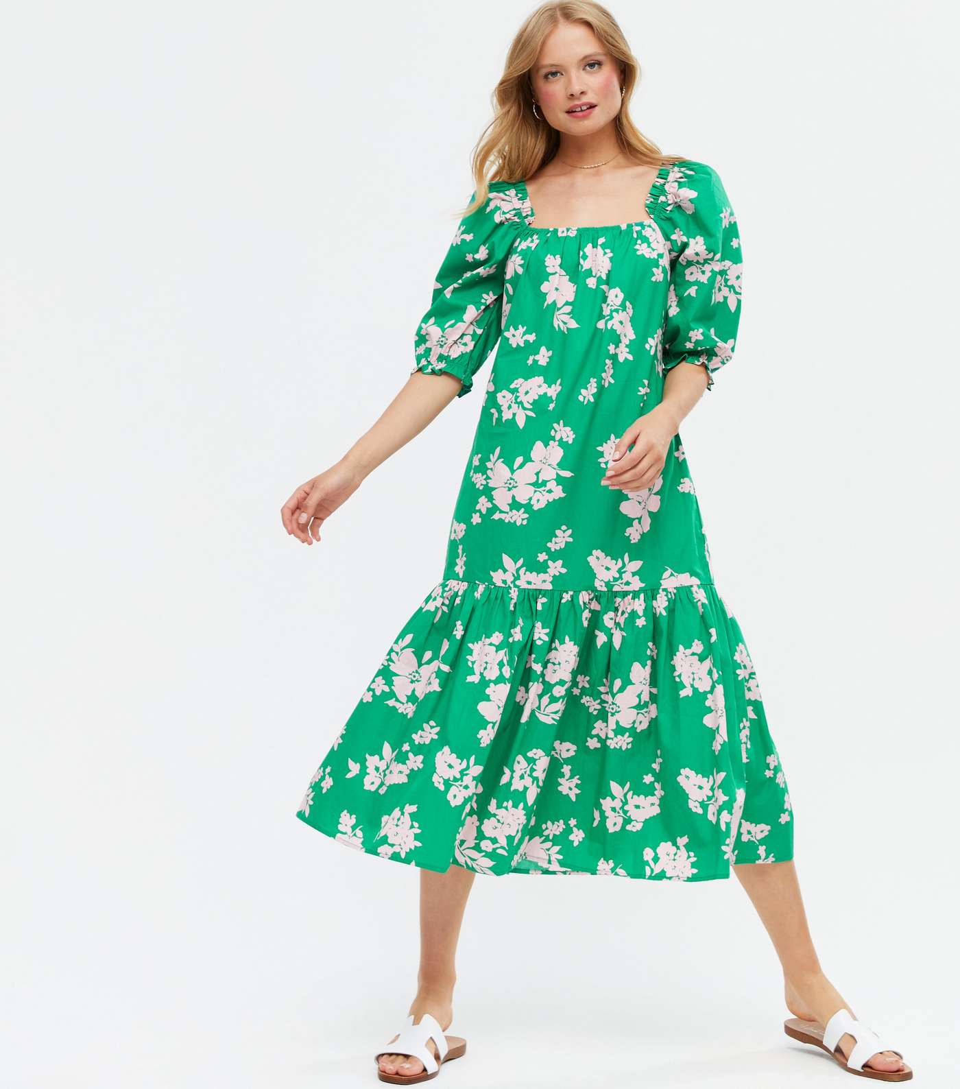 Green Floral Square Neck Puff Sleeve Tiered Midi Dress