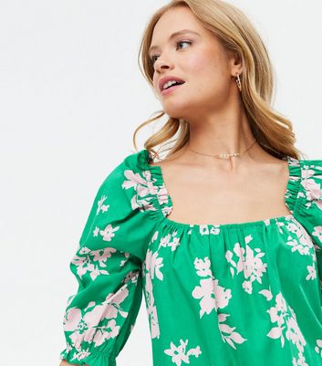 Green Floral Square Neck Puff Sleeve 
