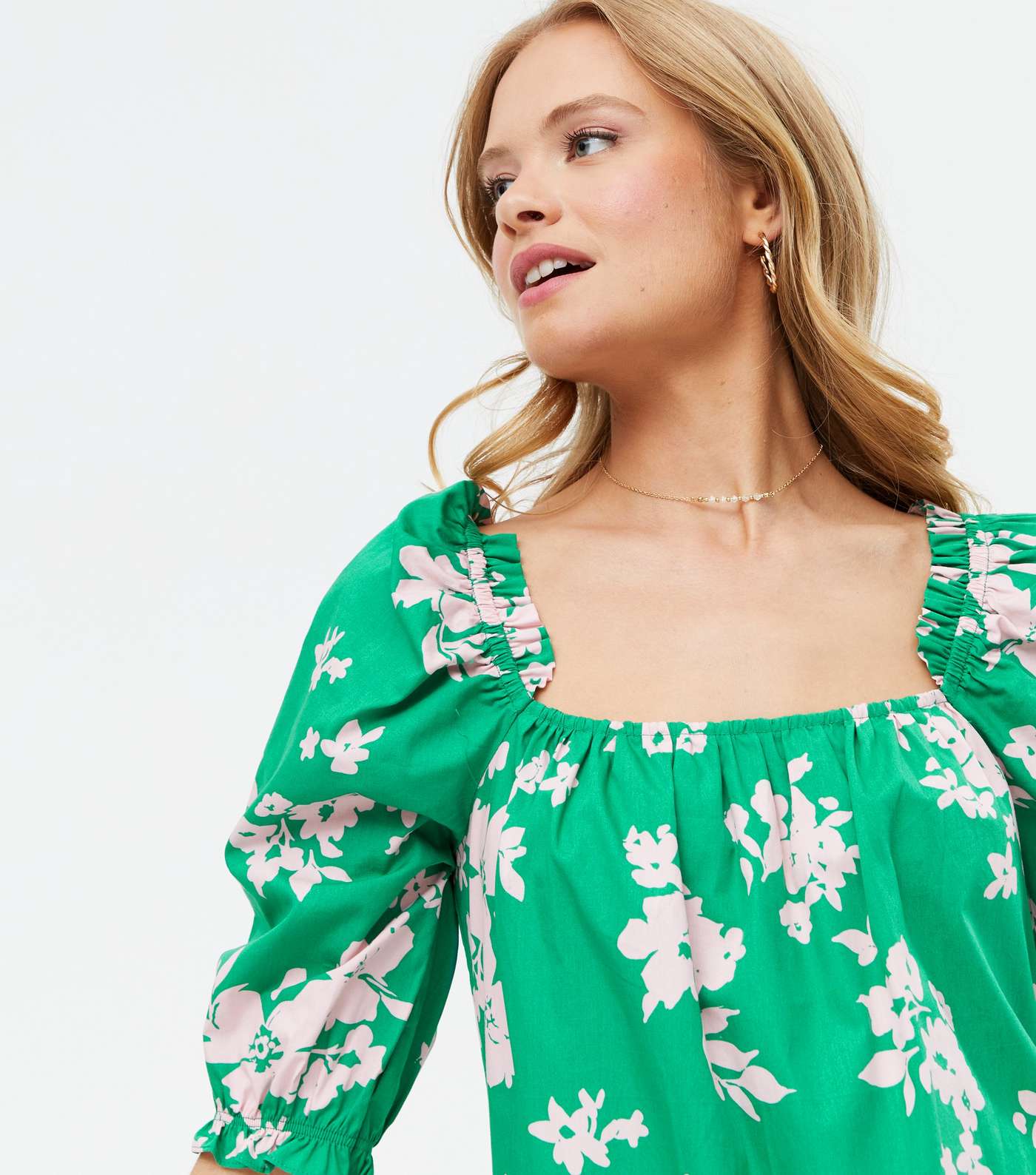 Green Floral Square Neck Puff Sleeve Tiered Midi Dress Image 3