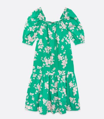 Green Floral Square Neck Puff Sleeve 