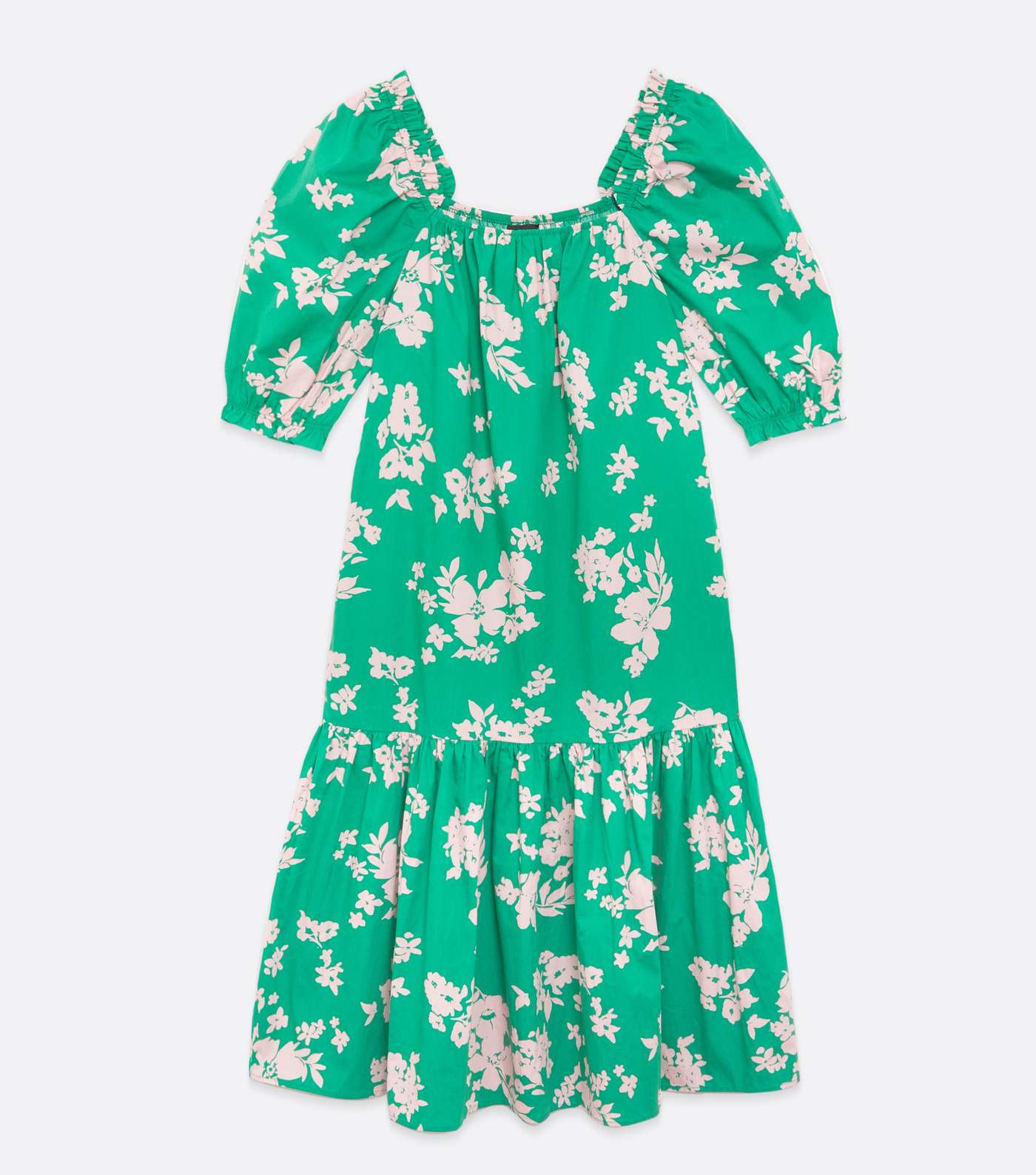 Green Floral Square Neck Puff Sleeve Tiered Midi Dress Image 5