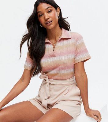 Pink Stripe Fine Knit Polo Top New Look